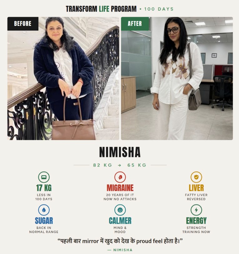 Nimisha, before and after: 82 kg to 65 kg