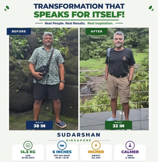 Sudarshan, Singapore, before and after: waist 38 inches to 32 inches