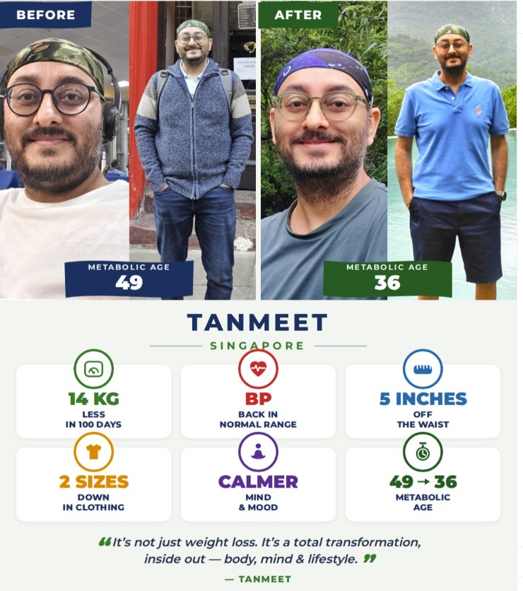 Tanmeet, Singapore, before and after: metabolic age 49 to 36